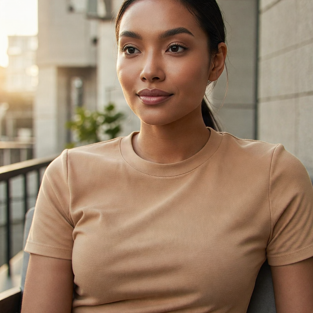 Lifestyle category image: person wearing a clean, high-quality cotton tee in a neutral color.